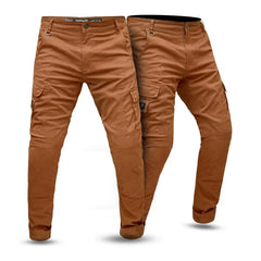 Front view of motorbike cargo jeans with CE-certified aramid protective lining and reinforced knee armor for maximum safety