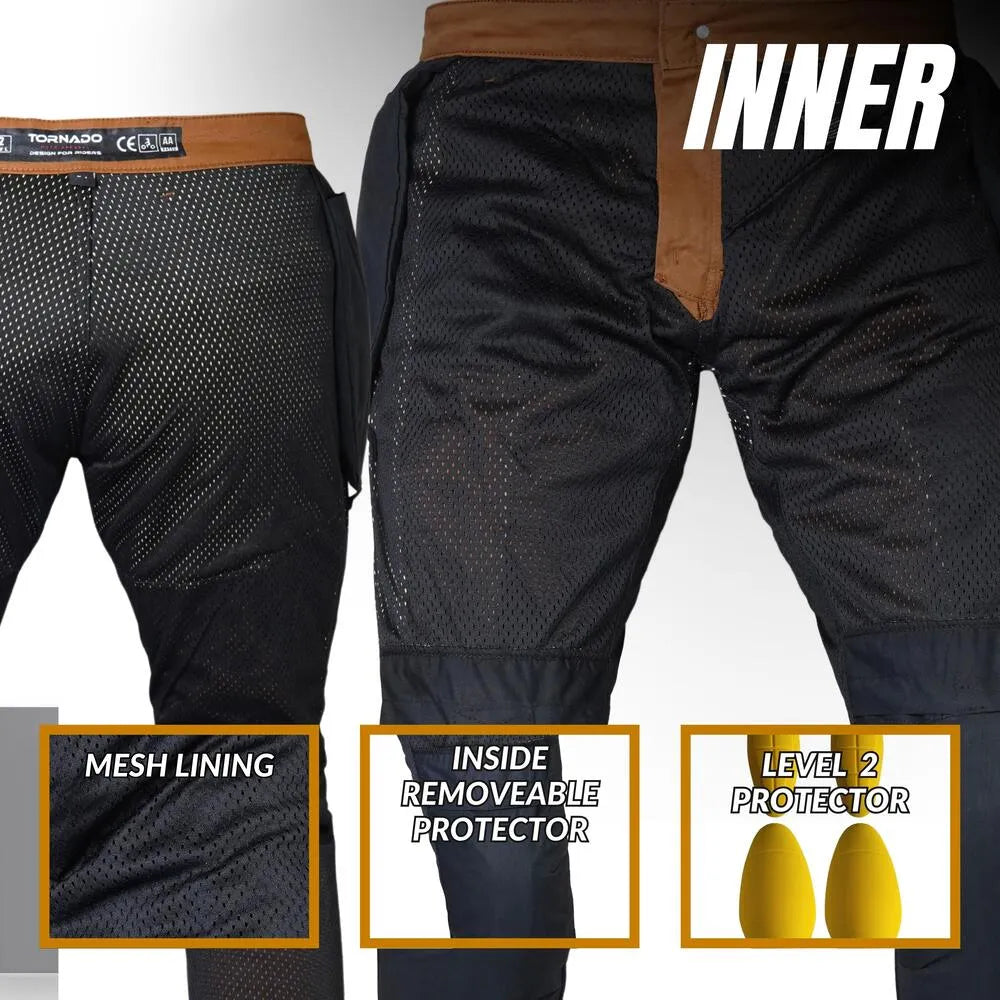 Black protective jeans with mesh lining, inside removeable protector, and level 2 protector on a gray background.
