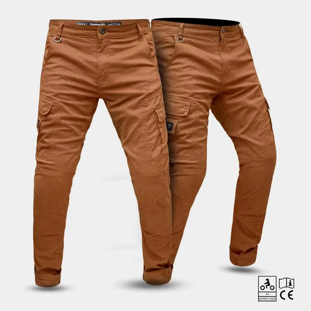 Side view of durable motorbike cargo jeans with CE-certified aramid protection and reinforced pockets for riders