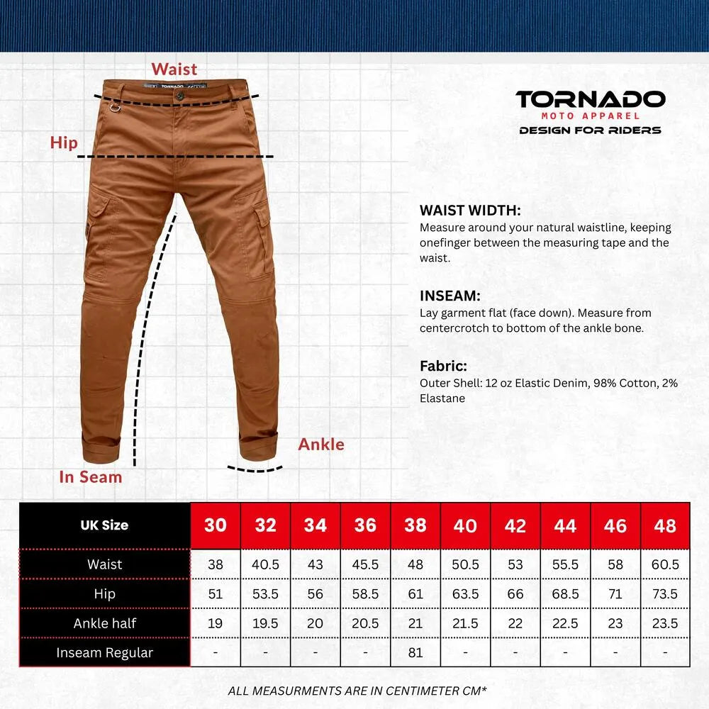 Size chart for motorbike cargo jeans with CE-approved aramid protection, ensuring the best fit for optimal rider safety
