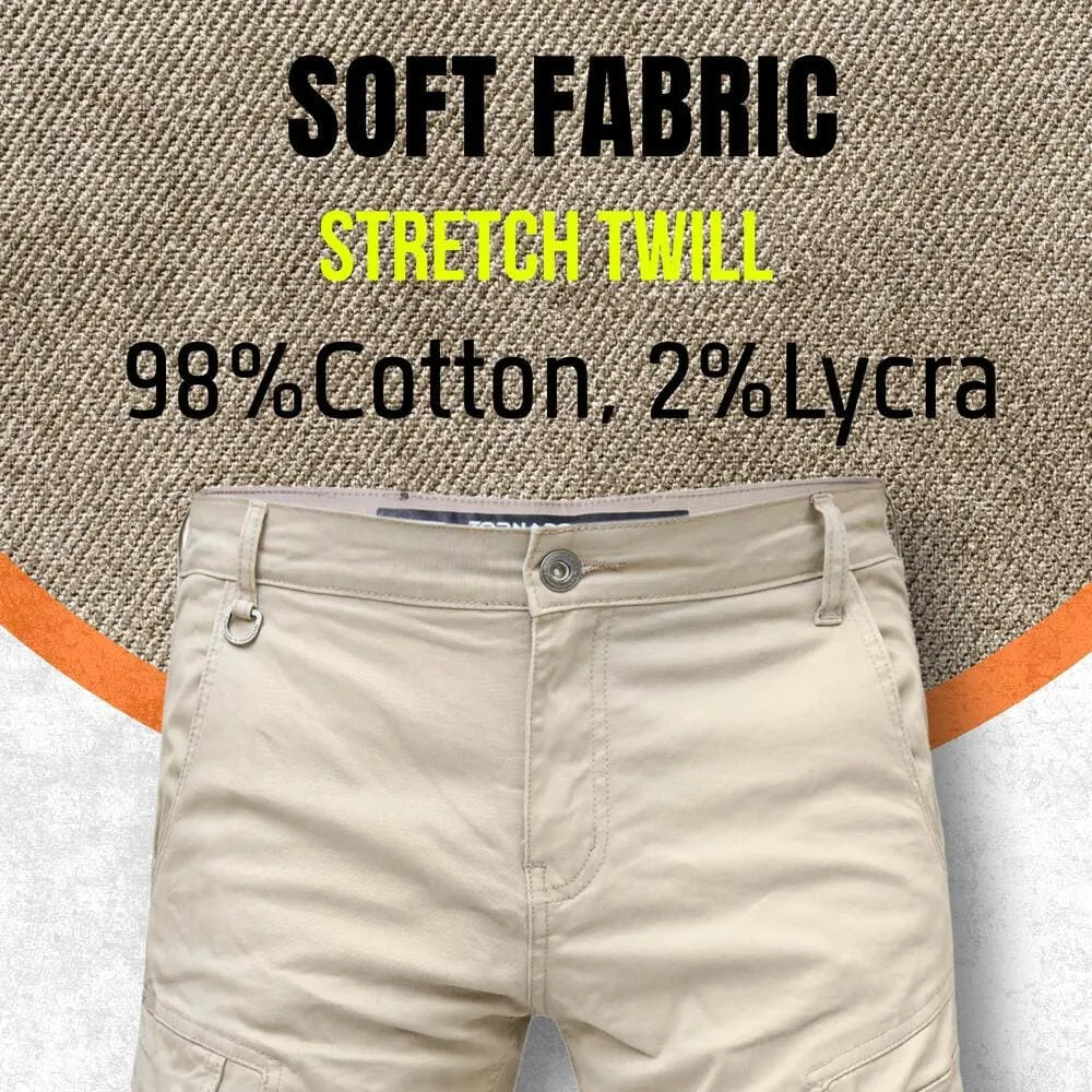 Beige pants displayed with fabric texture and text about material composition on a gray background.