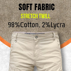 Beige pants displayed with fabric texture and text about material composition on a gray background.