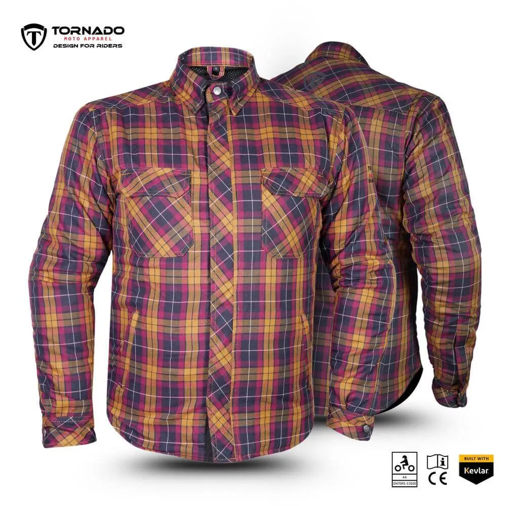 Front and back view of Kevlar-lined men’s motorcycle armoured shirt in yellow and red plaid.