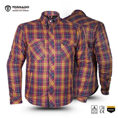 Front and back view of Kevlar-lined men’s motorcycle armoured shirt in yellow and red plaid.