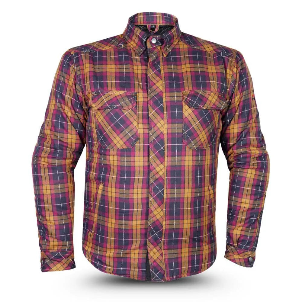 Front view of men’s yellow and red plaid motorcycle armoured shirt reinforced with Kevlar.