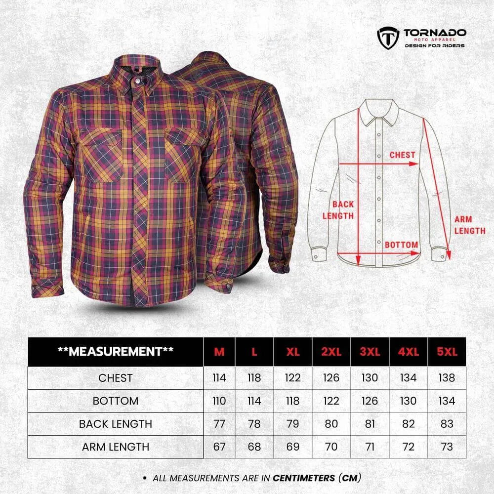 Size chart for men’s Kevlar-reinforced motorcycle armoured shirt in yellow and red plaid, showing chest, bottom, back length and arm length measurements.