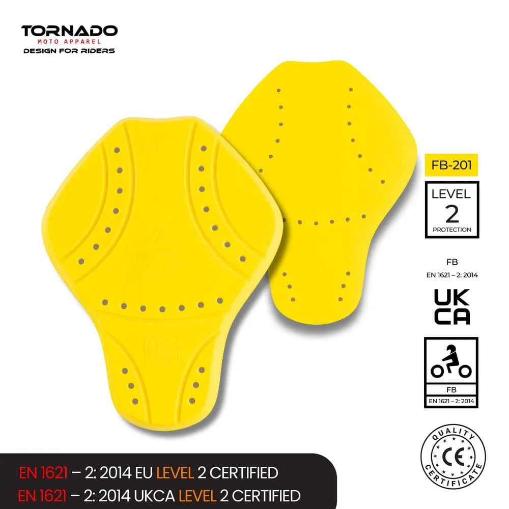 Yellow Tornado Moto motorcycle back protector, CE Level 2 certified, UKCA approved, on white background.