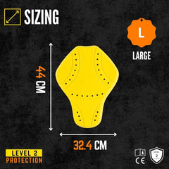 Large Tornado Moto yellow motorcycle back protector, level 2 certified, 44x32.4 cm, CE approved.