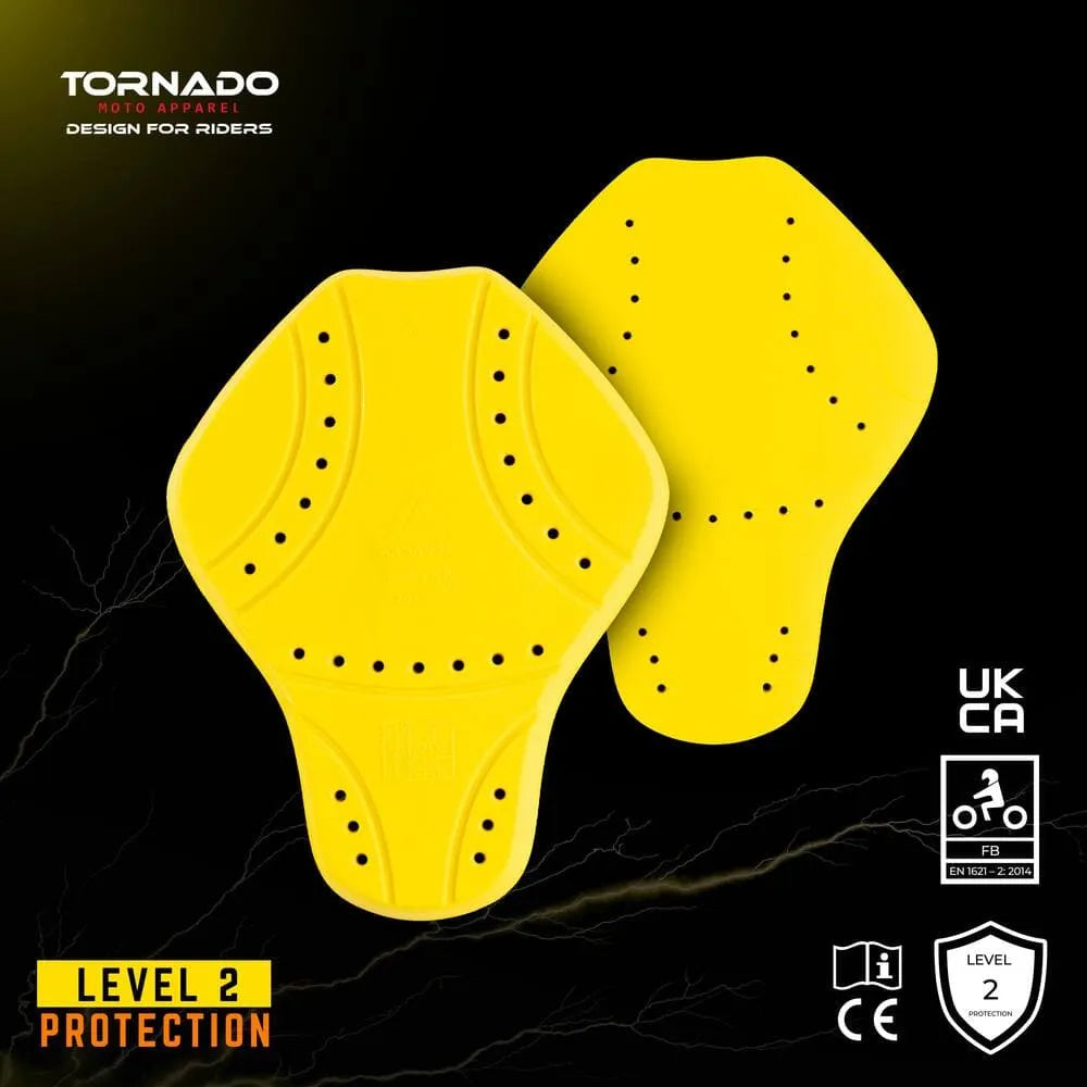 Yellow Level 2 certified motorcycle back protector pads from Tornado Moto on black background