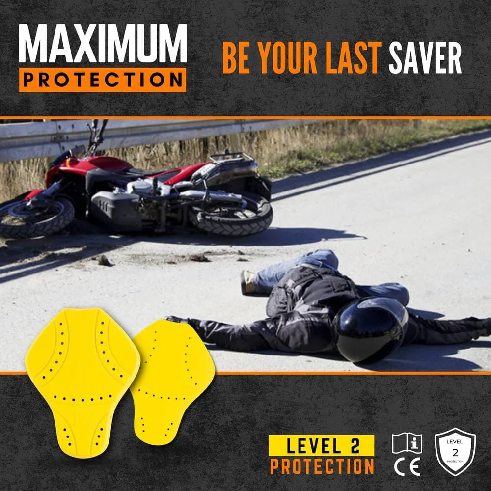 Motorcyclist with helmet after crash on road beside red bike, showcasing yellow CE Level 2 back protector for enhanced motorcycle safety by Tornado Moto.