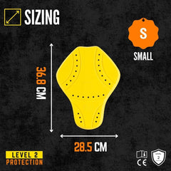 Small yellow motorcycle back protector, Level 2 certified, 36.8 x 28.5 cm, Tornado Moto.