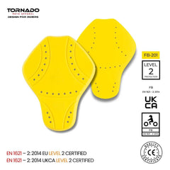 Yellow motorcycle back protector Level 2 certified by Tornado Moto, UKCA and CE approved.