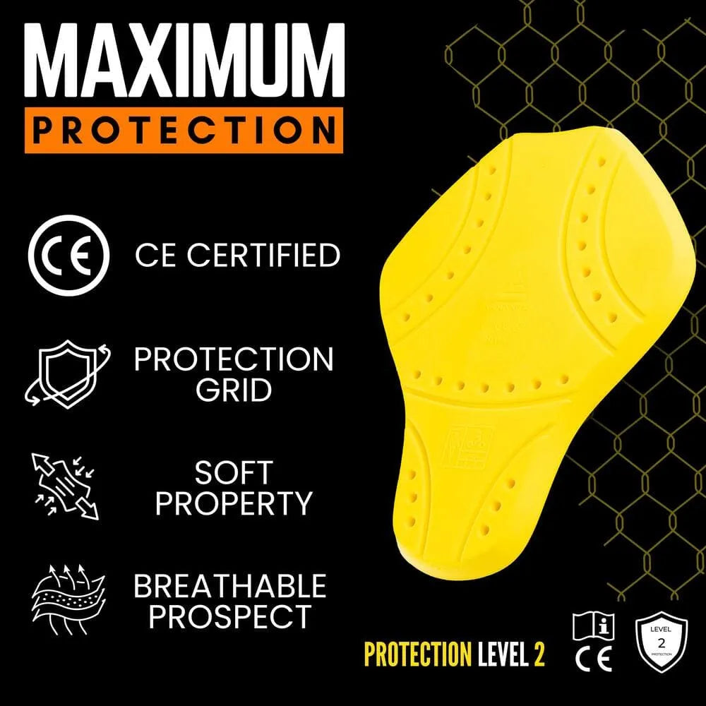 Yellow level 2 CE certified motorcycle back protector with breathable grid, sold by Tornado Moto UK