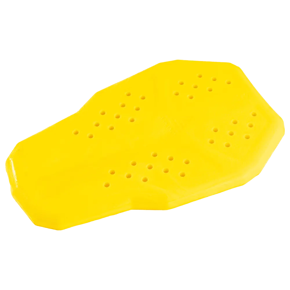 Yellow motorcycle back protector with perforations on a white background