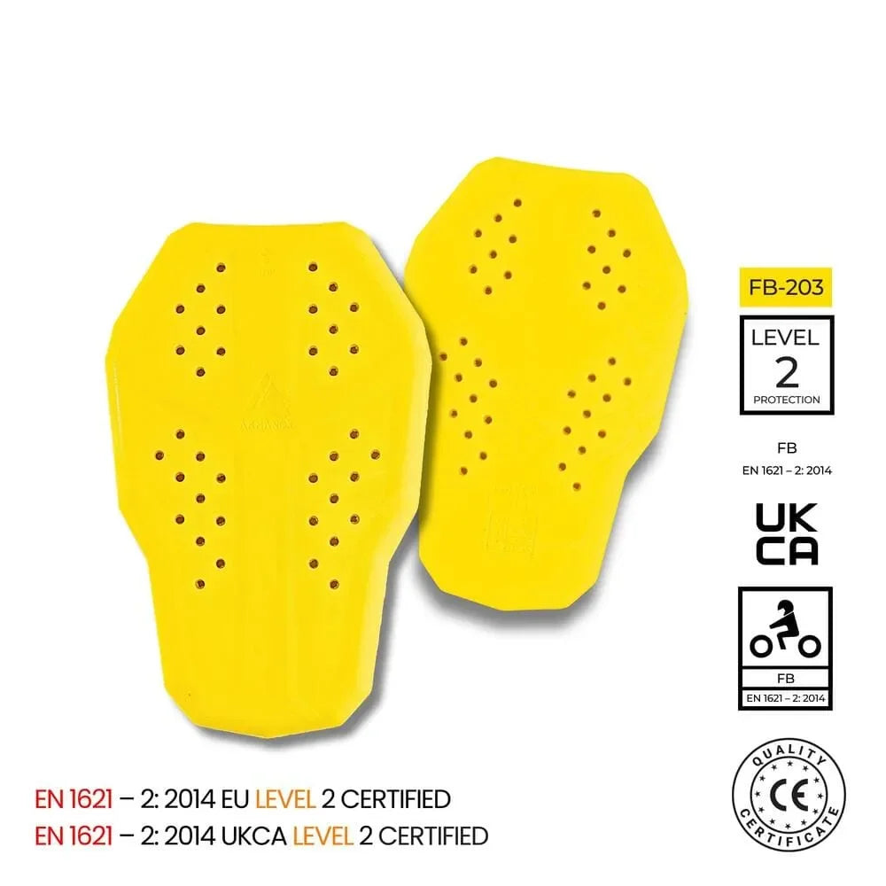 Yellow motorcycle back protecter pads with certification labels on a white background