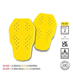 Yellow motorcycle back protecter pads with certification labels on a white background