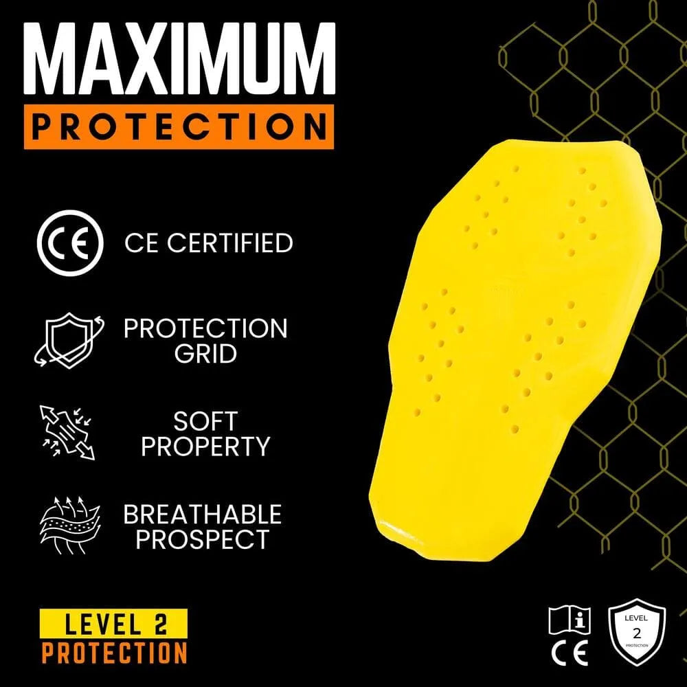 Yellow protective pad with features listed on a black background