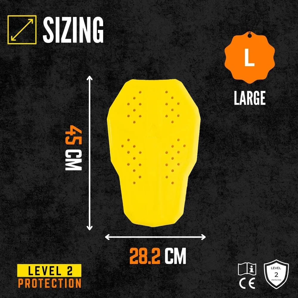 Yellow motorcycle back protector  with measurements and size label on a dark background