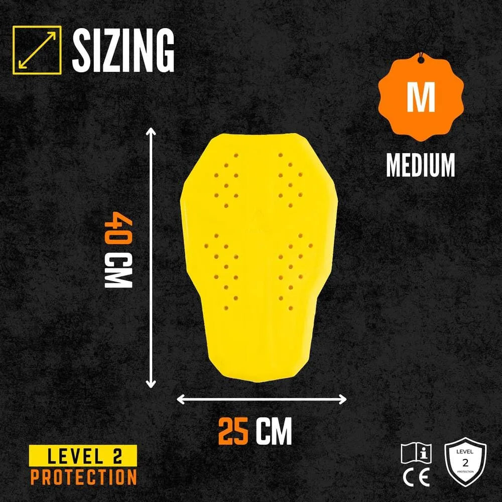 Yellow motorcycle back protector  with measurements and size label on a dark background