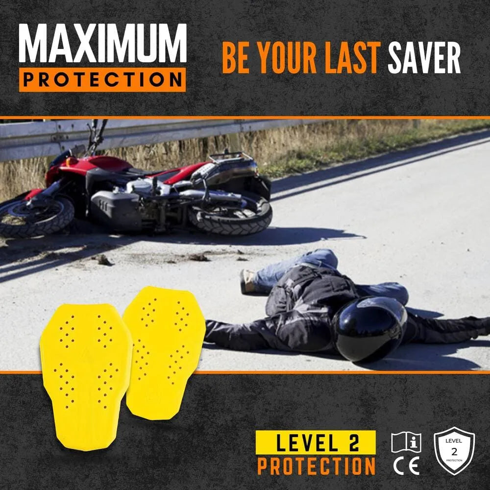 Motorcycle accident scene with protective gear and text about protection level and CE certification.