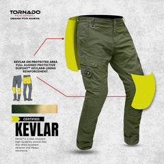 Olive green motorcycle jeans with yellow knee pads and Tornado branding on a light gray background.
