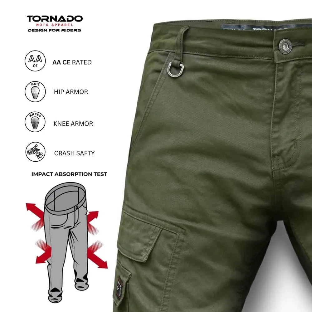 Olive green motorcycle jeans with safety features and Tornado logo on a white background