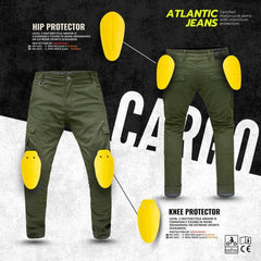 Olive green motorcycle jeans with yellow knee and hip protectors on a black and white background, featuring Atlantic Jeans branding.