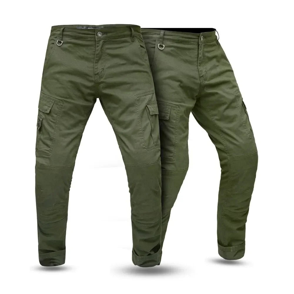 Olive green motorcycle jeans on a white background