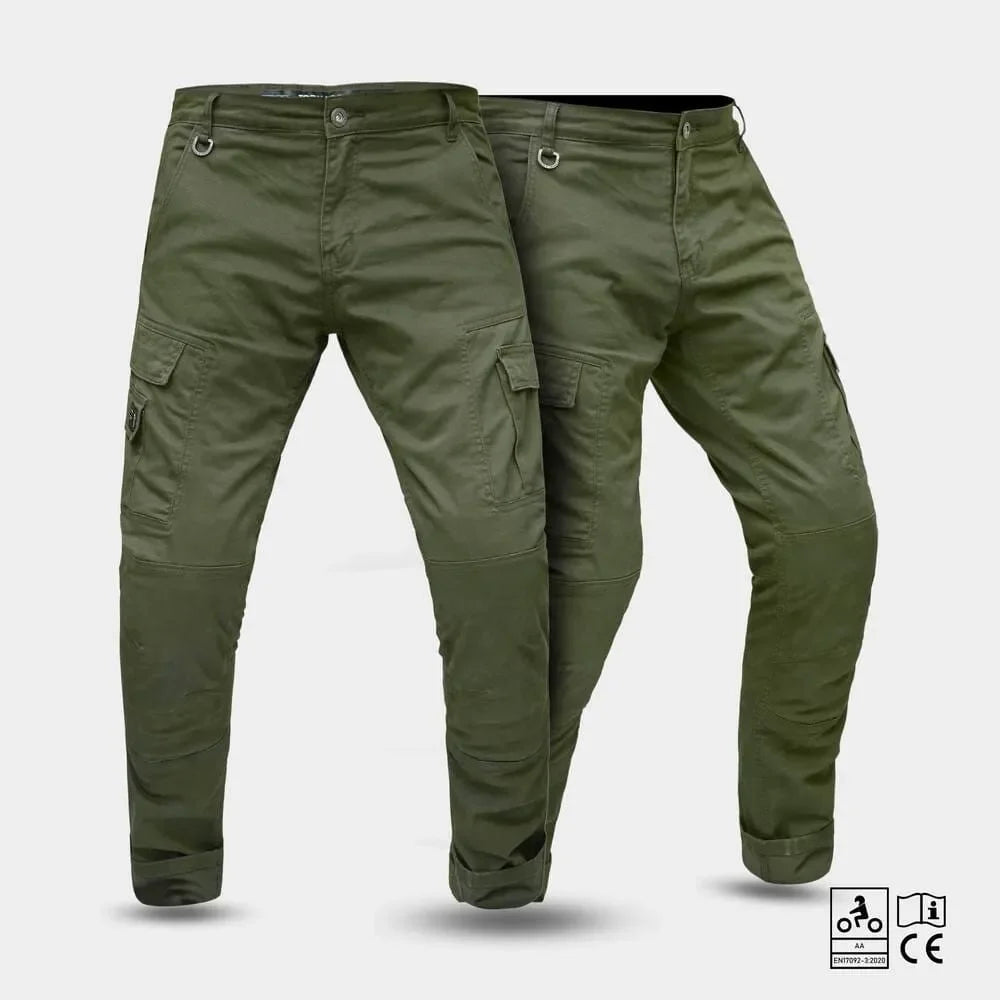 Pair of Olive green motorcycle jeans on a white background