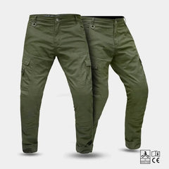 Pair of Olive green motorcycle jeans on a white background