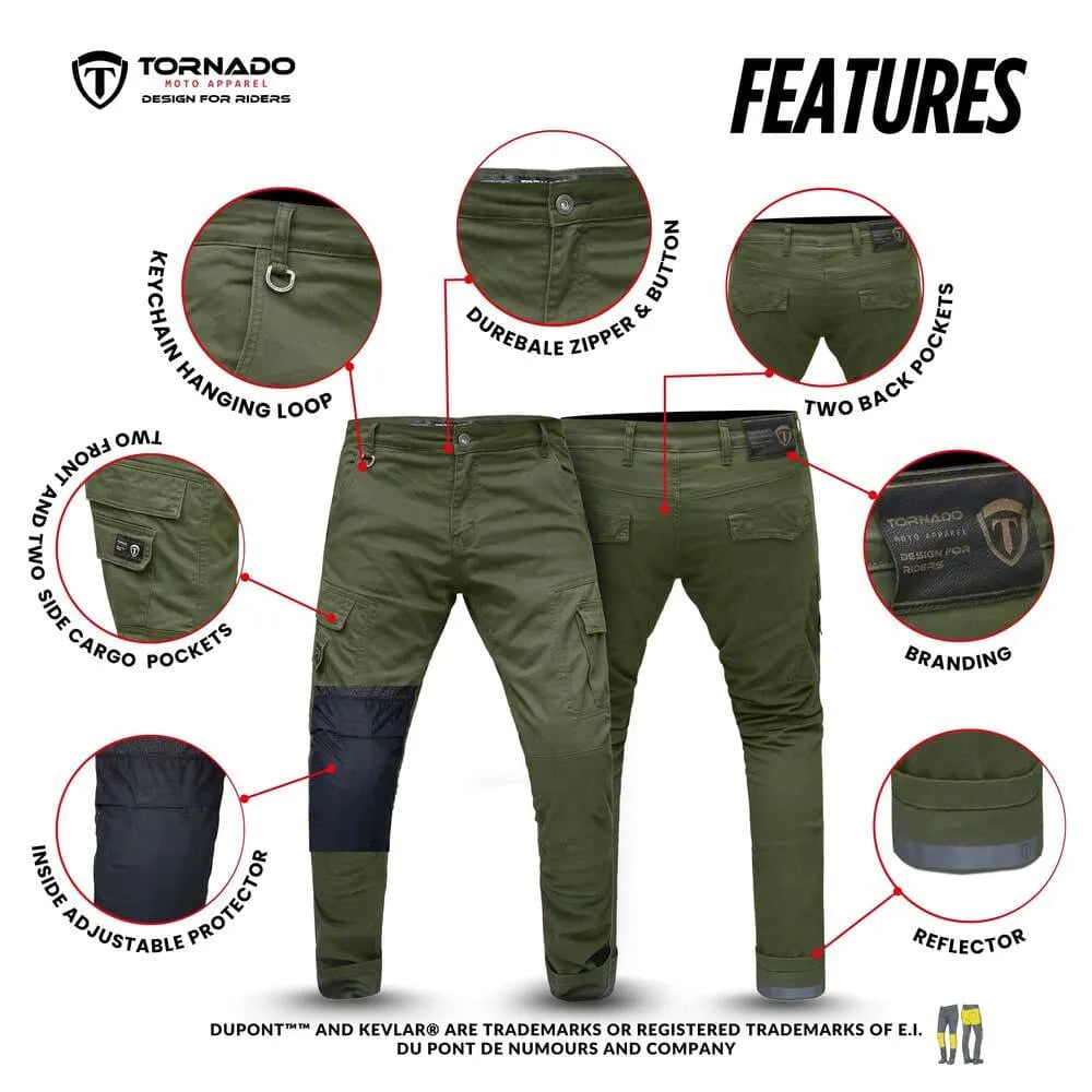 Olive green motorcycle jeans with features highlighted on a white background, featuring Tornado brand.