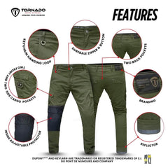 Olive green motorcycle jeans with features highlighted on a white background, featuring Tornado brand.