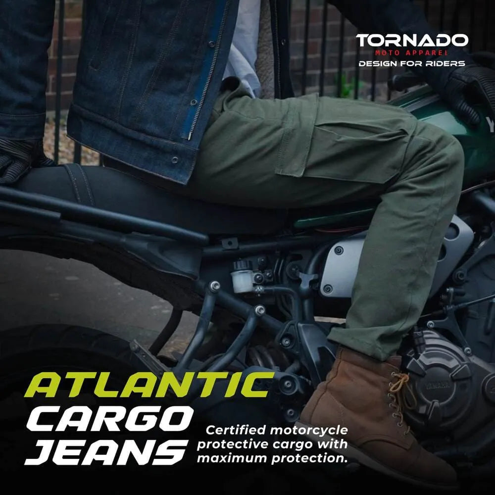 Person wearing Atlantic Cargo Jeans sitting on a motorcycle with Tornado brand text.
