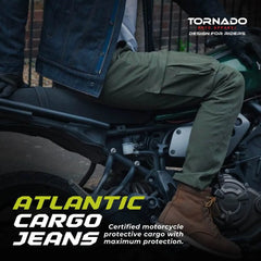 Person wearing Atlantic Cargo Jeans sitting on a motorcycle with Tornado brand text.