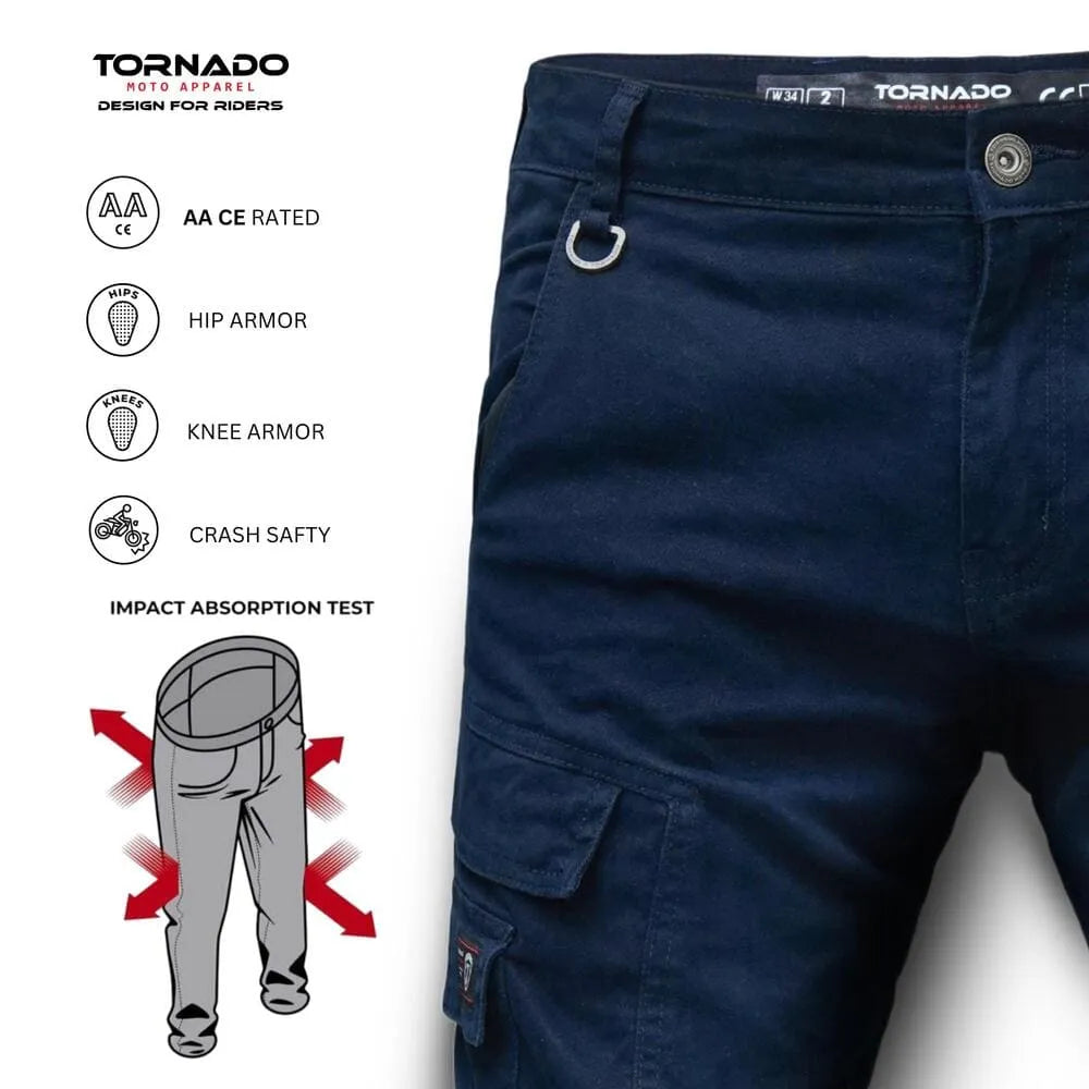 Navy blue motorcycle jeans with safety features labeled on a white background, featuring the brand 'Tornado'.