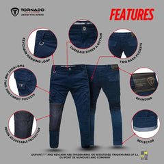 Navy blue motorcycle jeans with features highlighted on a gray background, featuring Tornado brand.