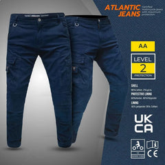 Navy blue motorcycle jeans with protective features on a gray background, featuring Atlantic Jeans branding.
