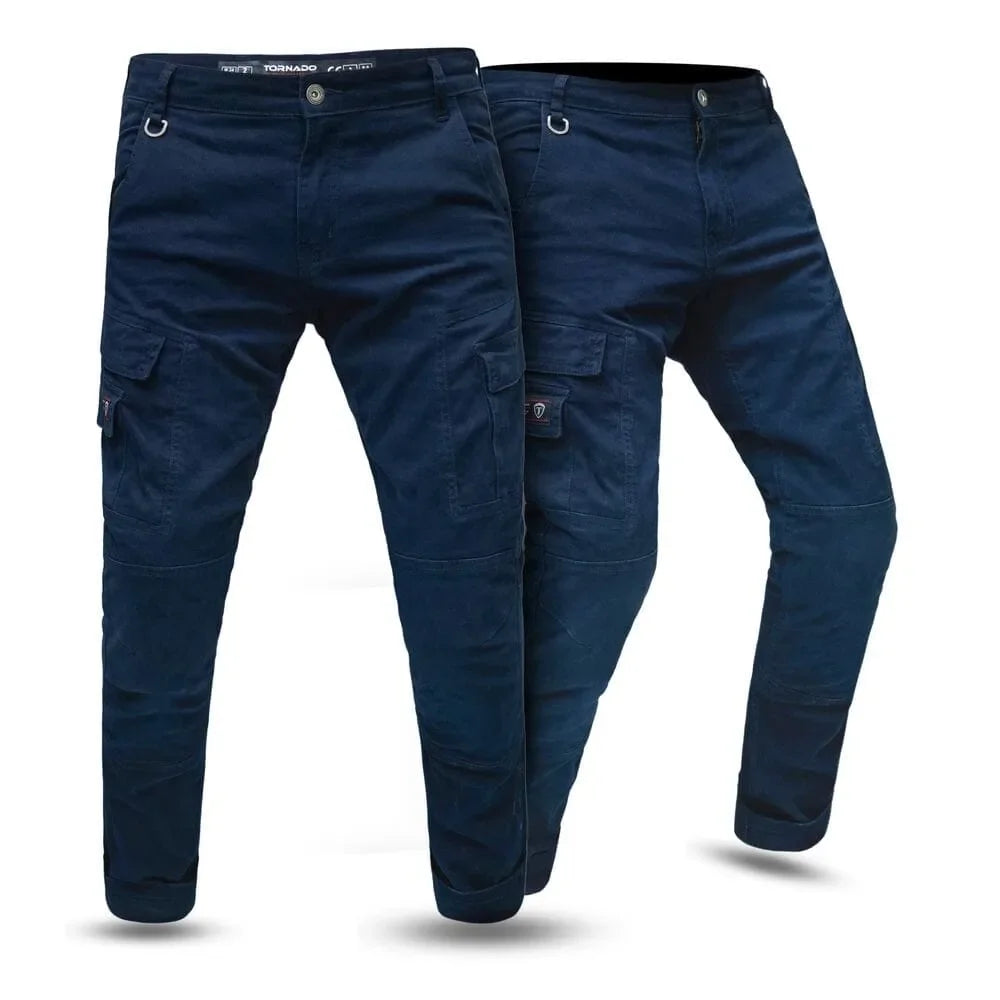 Navy blue motorcycle jeans on a white background