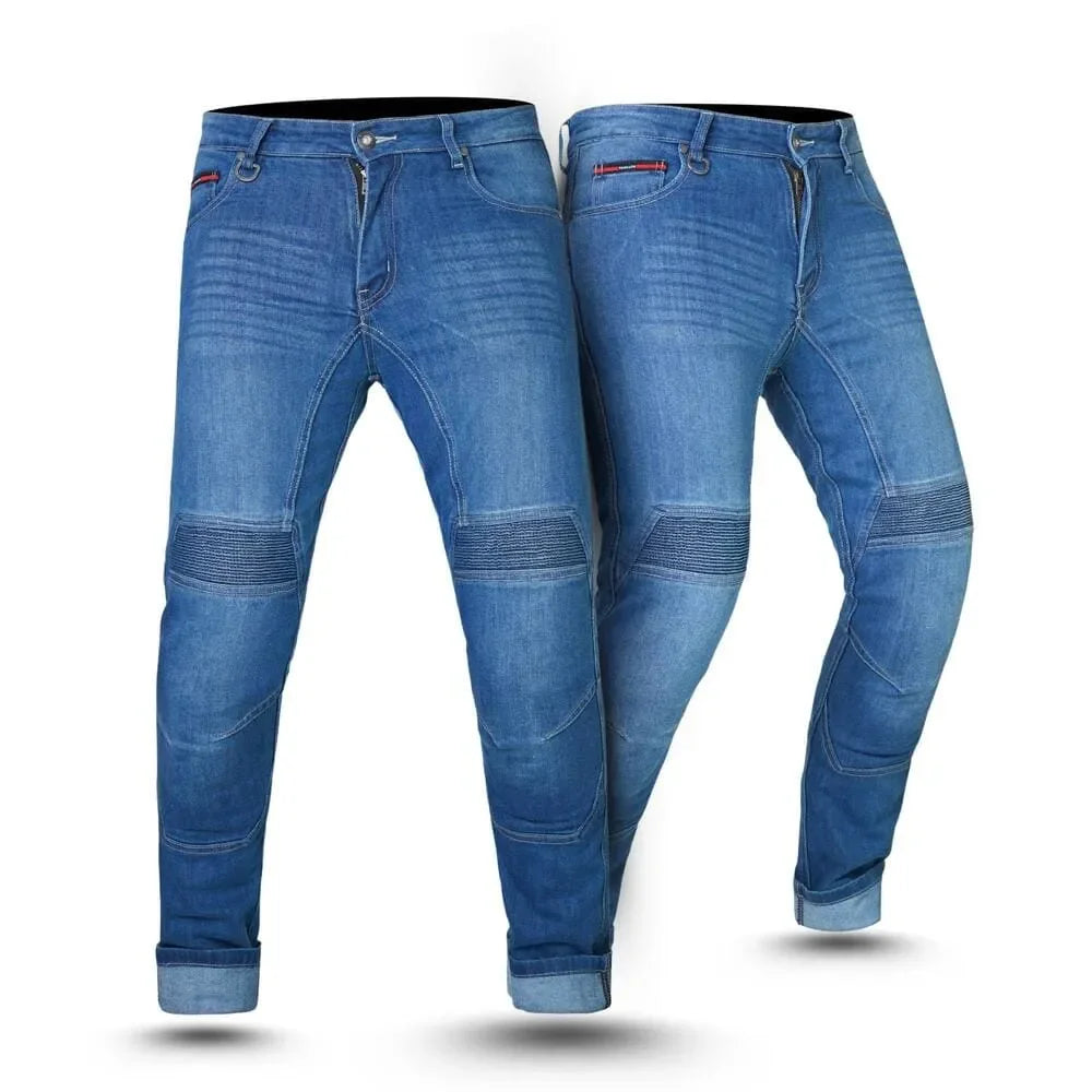 Front view of men's motorcycle jeans made with Kevlar for maximum protection, ideal for riding and armored safety