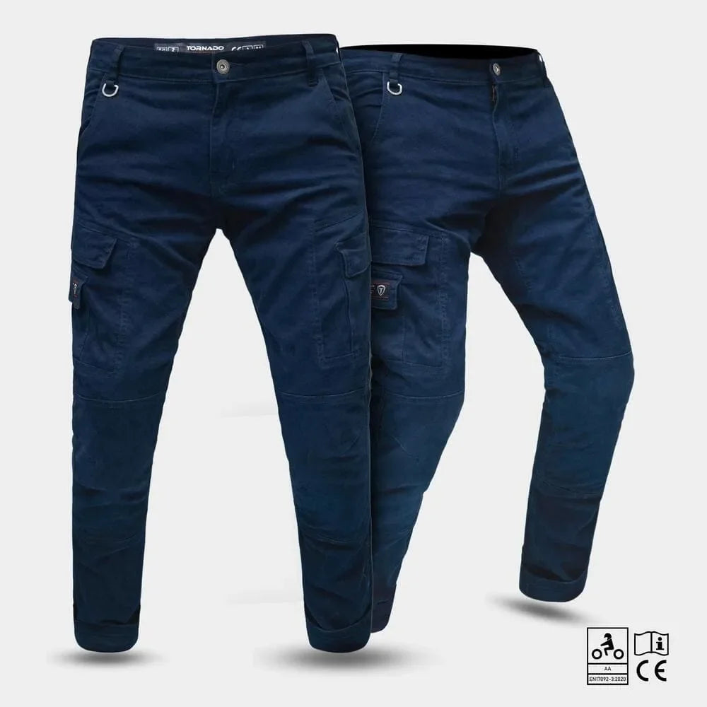 Navy blue motorcycle jeans on a light gray background