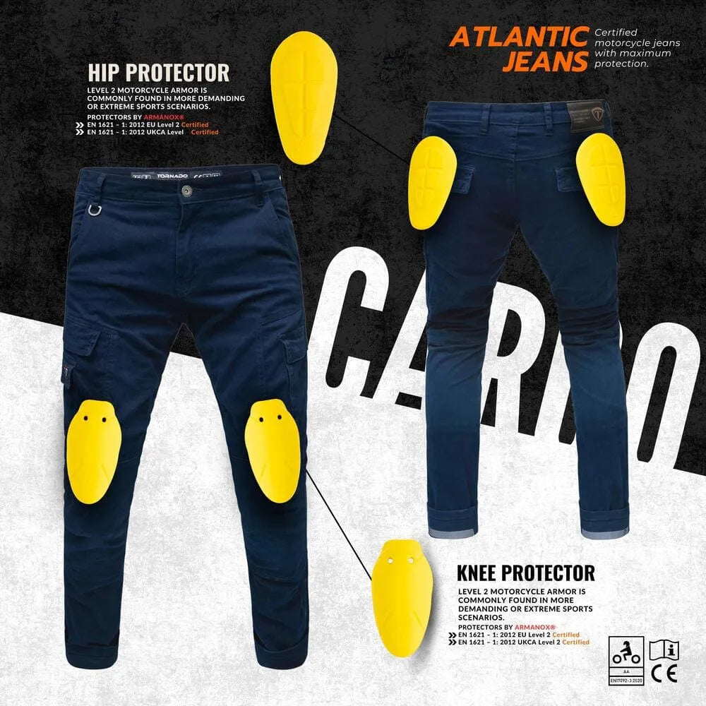 Navy blue motorcycle jeans with yellow knee and hip protectors on a black and white background, featuring Atlantic Jeans branding.