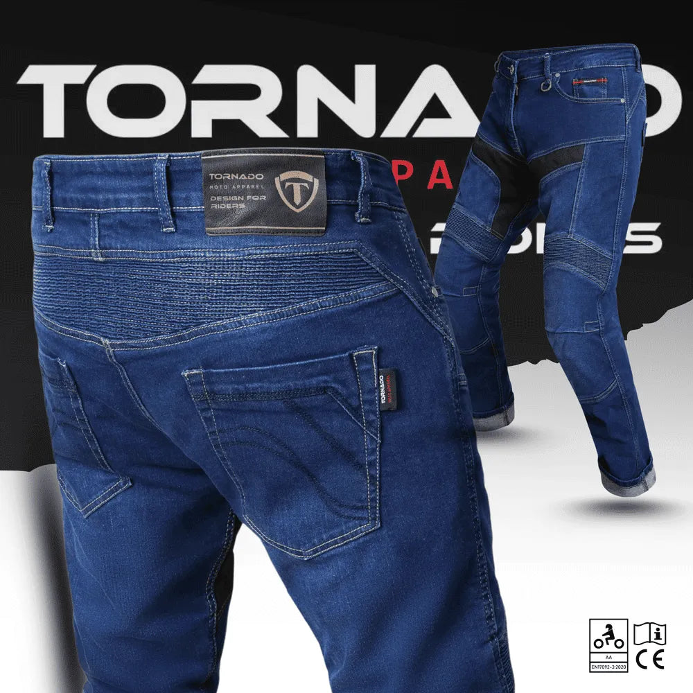 Tornado motorcycle jeans, Kevlar reinforced for maximum protection, armoured motorcycle jeans, protective motorcycle jeans for riders.