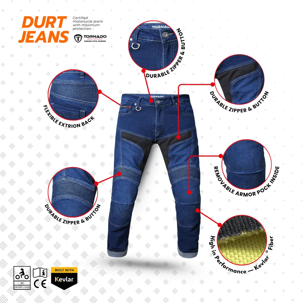 Tornado Kevlar motorcycle jeans with removable armor pockets, flexible stretch back, durable zipper & button, protective armoured motorcycle jeans.