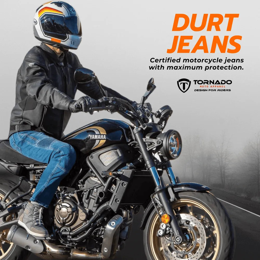 Rider wearing Tornado protective motorcycle jeans, reinforced with Kevlar and CE armor, perfect for safe motorcycle riding in UK.