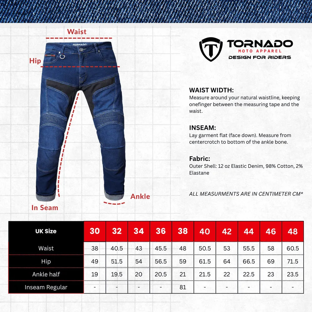 Tornado motorcycle jeans size chart, protective denim with Kevlar lining, best motorcycle jeans for riders, available in multiple sizes.

