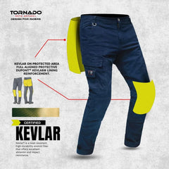 Navy blue motorcycle jeans with yellow knee pads and Kevlar reinforcement on a gray background, featuring Tornado Roto Apparel branding.