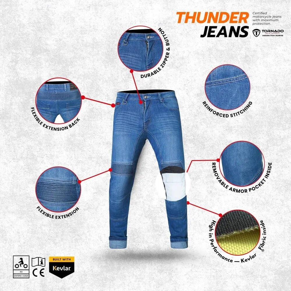 Close-up of protective details on men's motorcycle jeans, highlighting Kevlar lining and impact-resistant knee pads