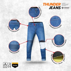 Close-up of protective details on men's motorcycle jeans, highlighting Kevlar lining and impact-resistant knee pads