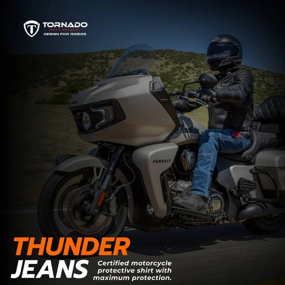 Action shot of a man wearing motorcycle jeans, demonstrating the comfort and flexibility of Kevlar riding jeans during a ride