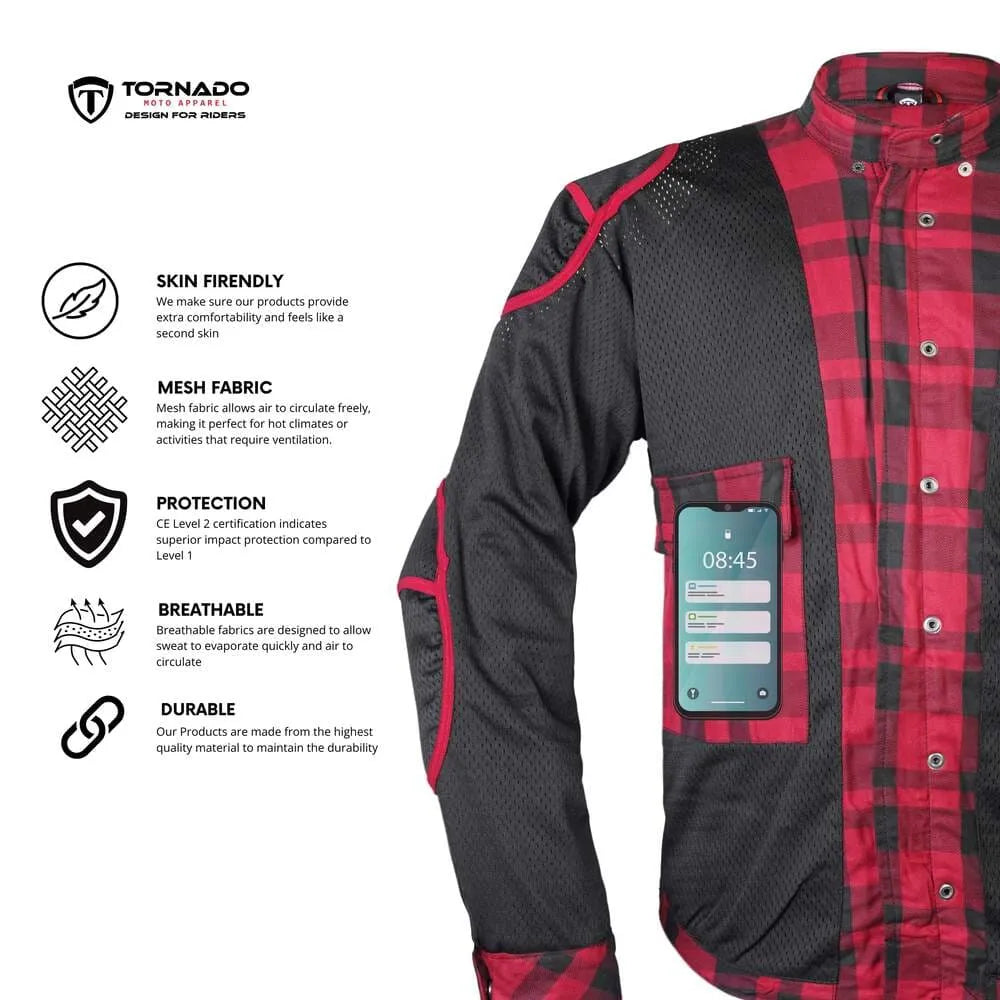 Motorcycle protective shirt interior mesh fabric with CE armor slots and Tornado Moto comfort features.